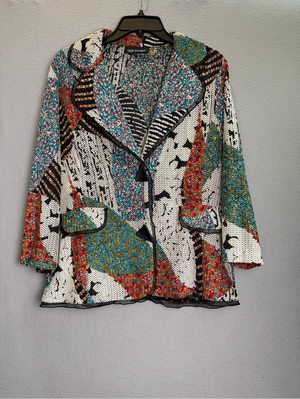 Colorful Abstract Patchwork Knit Jacket Medium T&W Designs